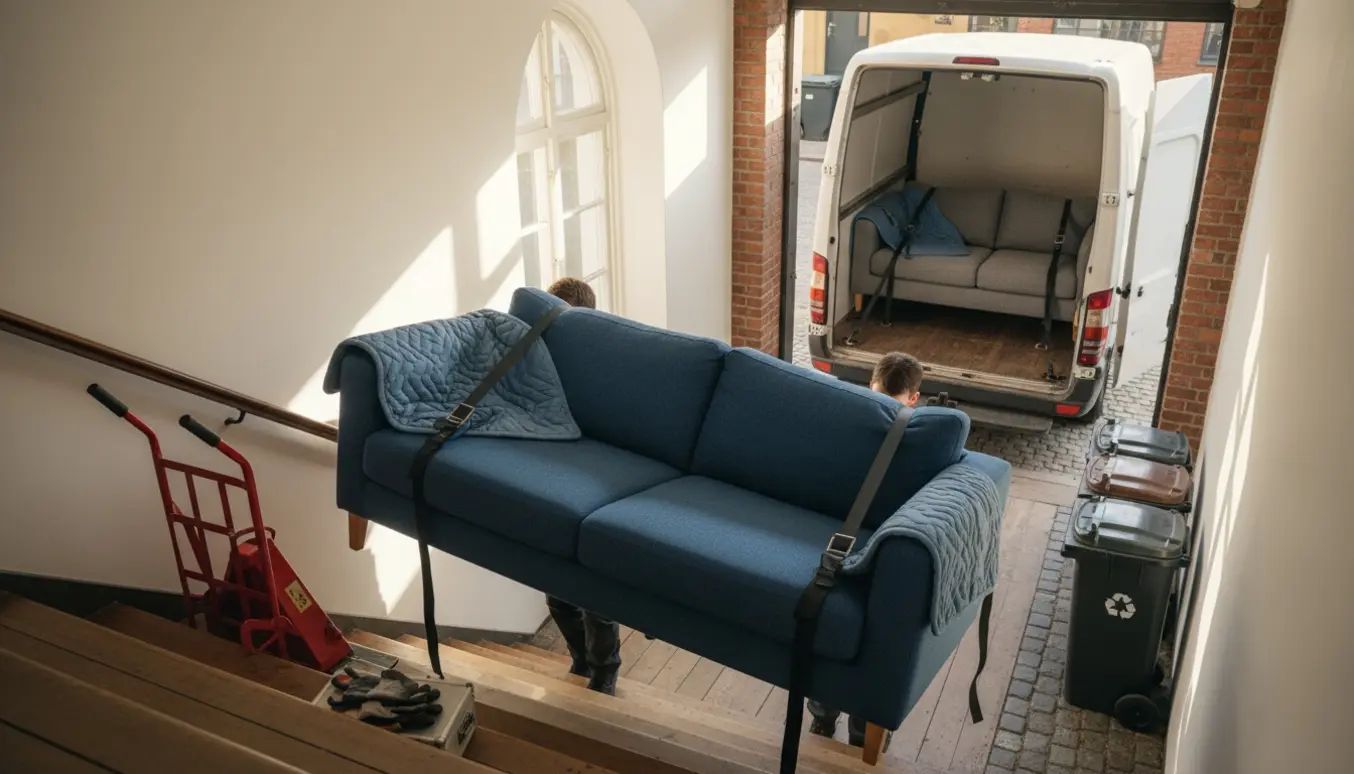 Flyttescene: to flyttemænd bærer en blå sofa med chaiselong ned ad en trappe mod en åben flyttevogn, mens en grå sofa allerede er lastet.