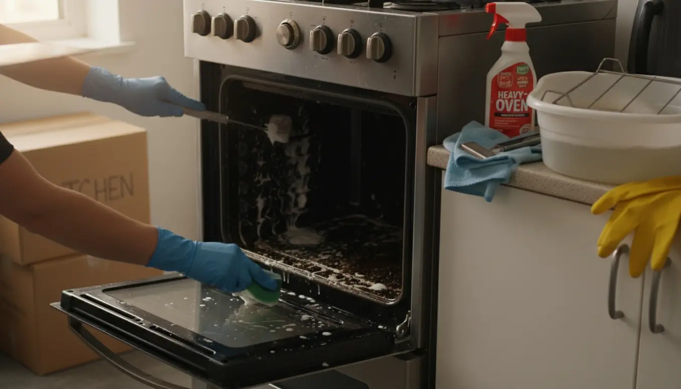 Hænder i handsker renser en indvendig, fedtet ovn med børste og rengøringsmidler i en lejlighed klar til fraflytning.