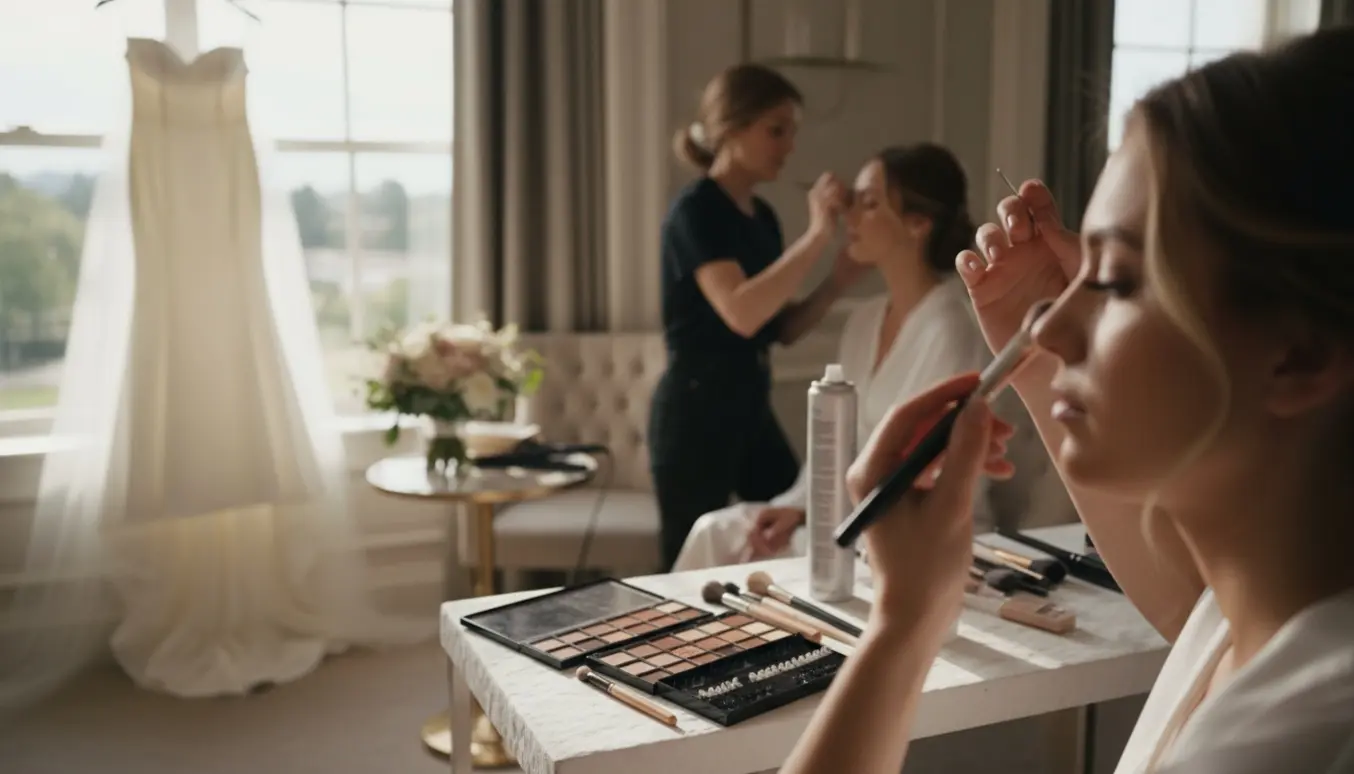 Makeupartist færdiggør brudens makeup i en lys brudesuite, mens to andre får hår og makeup.