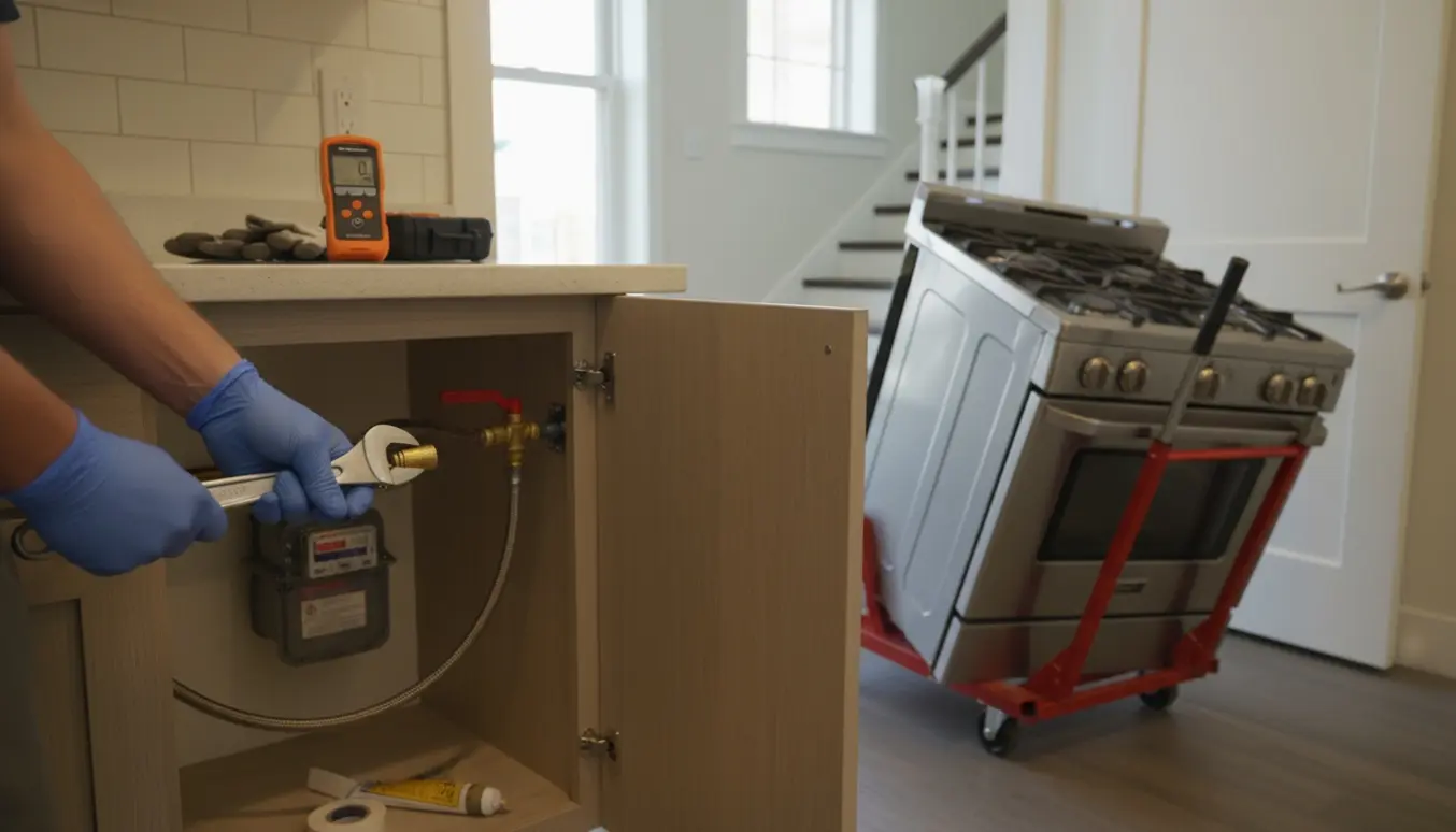 Tekniker tætner gasledning i et køkken, mens det afmonterede gaskomfur står på en flyttevogn i døren til trappen.
