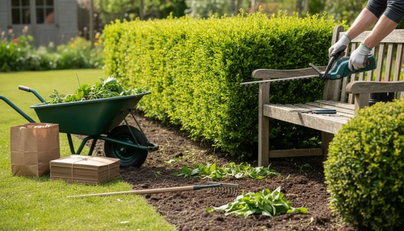 Havearbejde med hækkeklip, ukrudtsfjernelse, beskåren busk og opsamlet grønt affald og pap klar til genbrug.