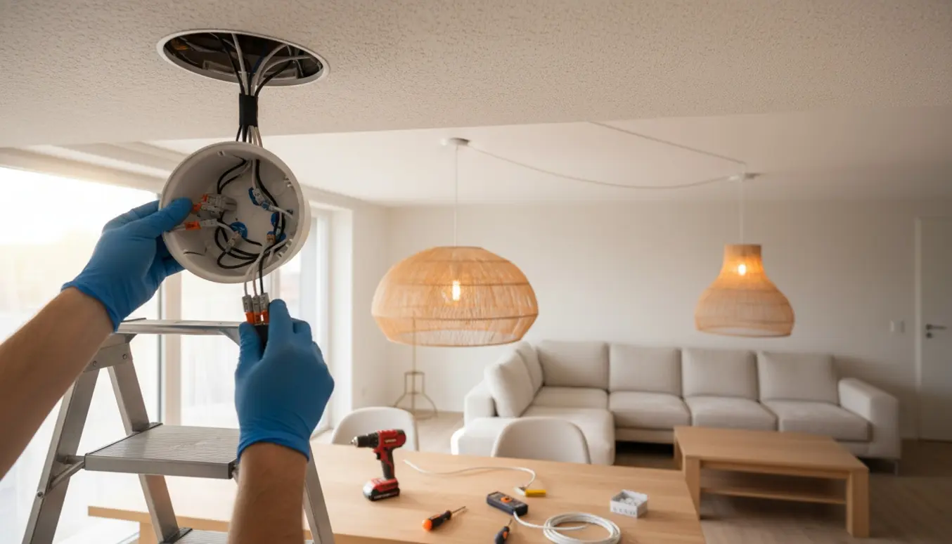 Nærbillede af hængelamper over spisebord og sofa, hvor hænder forbinder kabler i et loftudtag.