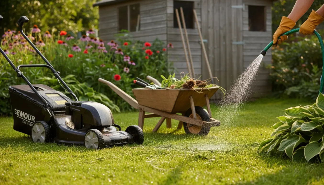 Sommerhave med plæneklipper, vandslange og hænder i handsker, der fjerner ukrudt.