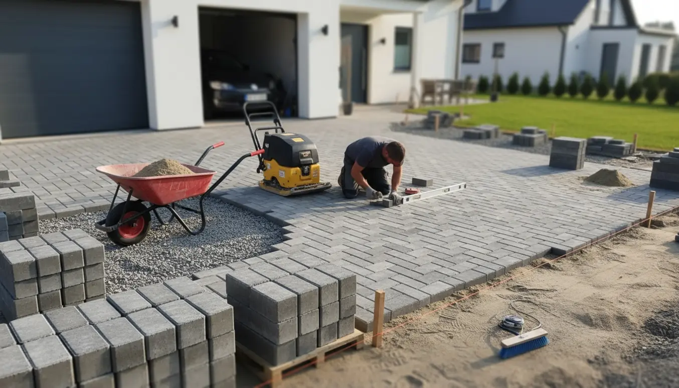 Delvist færdig ny indkørsel med bunker af SF-sten, pladevibrator og en håndværker set bagfra.