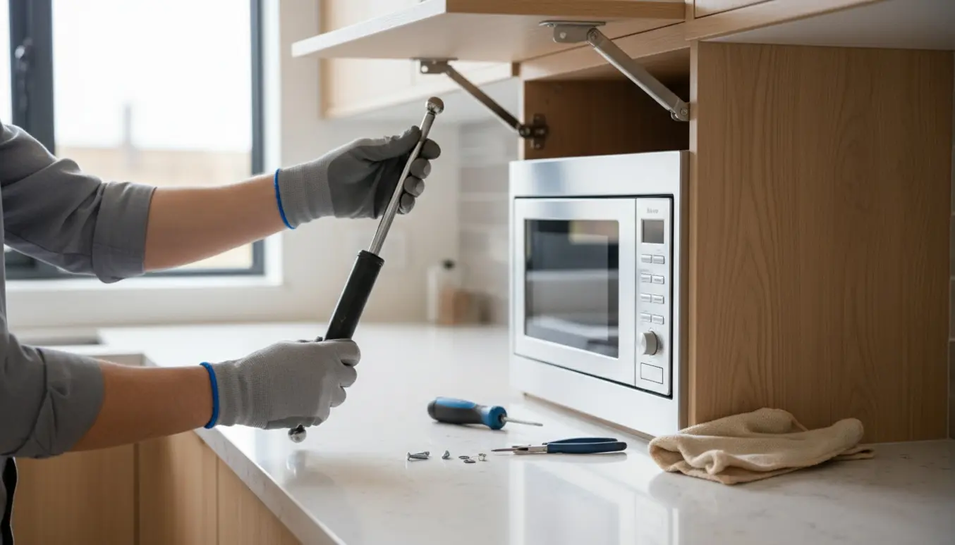 Nærbillede af hænder, der udskifter to gasfjedre i en overskabslåge over en indbygget mikroovn.