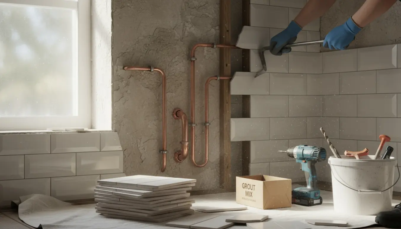 Partielt nedrevet badeværelse under renovering med værktøj, stablede fliser og eksponerede rør i naturligt lys.