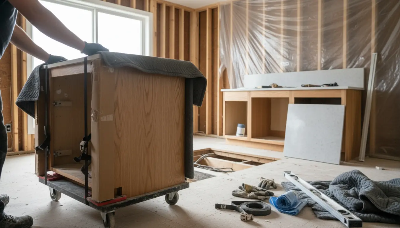 Køkkenmoduler på dolly i et rum under totalrenovering med et stort hul i væggen og stablede skabe.