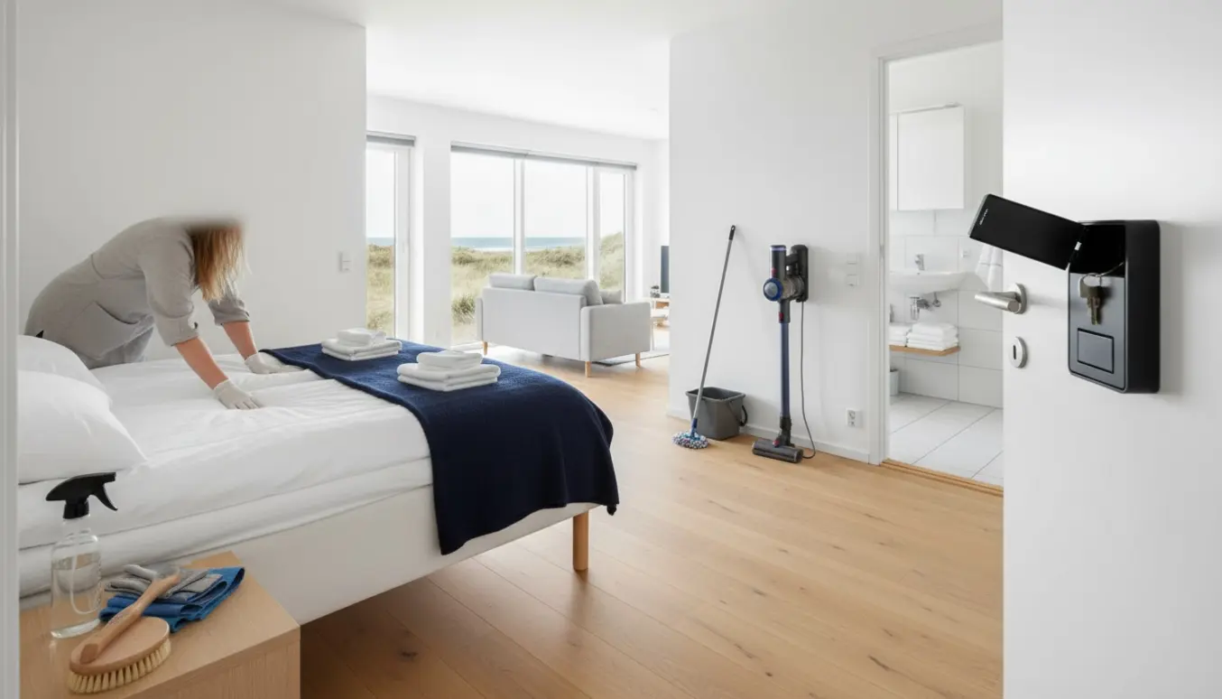 Nyvasket ferielejlighed i Hvide Sande med åben nøgleboks, nyopredte senge og rengøringsudstyr.