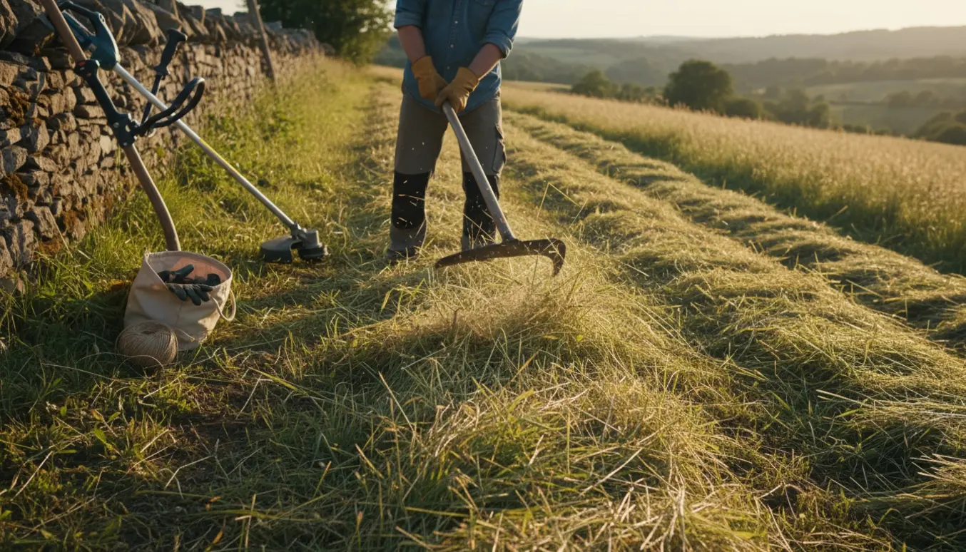 Bakket eng med højt græs, værktøj og en person bagfra, der slår græs ned med le og græstrimmer.