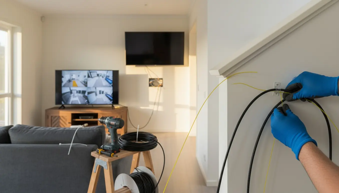 Hænder fører et langt kabel op ad trappen fra stuen til en ny skærm på 2. sal med værktøj og pæn kabelstyring.