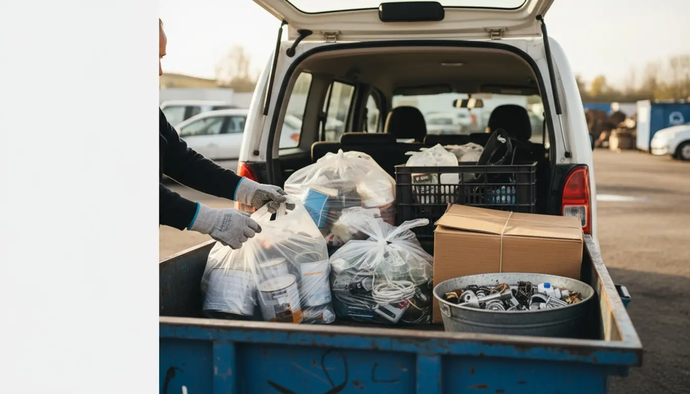 Åben bil med gennemsigtige sække og kasser med sorteret affald klar til aflevering på genbrugspladsen.