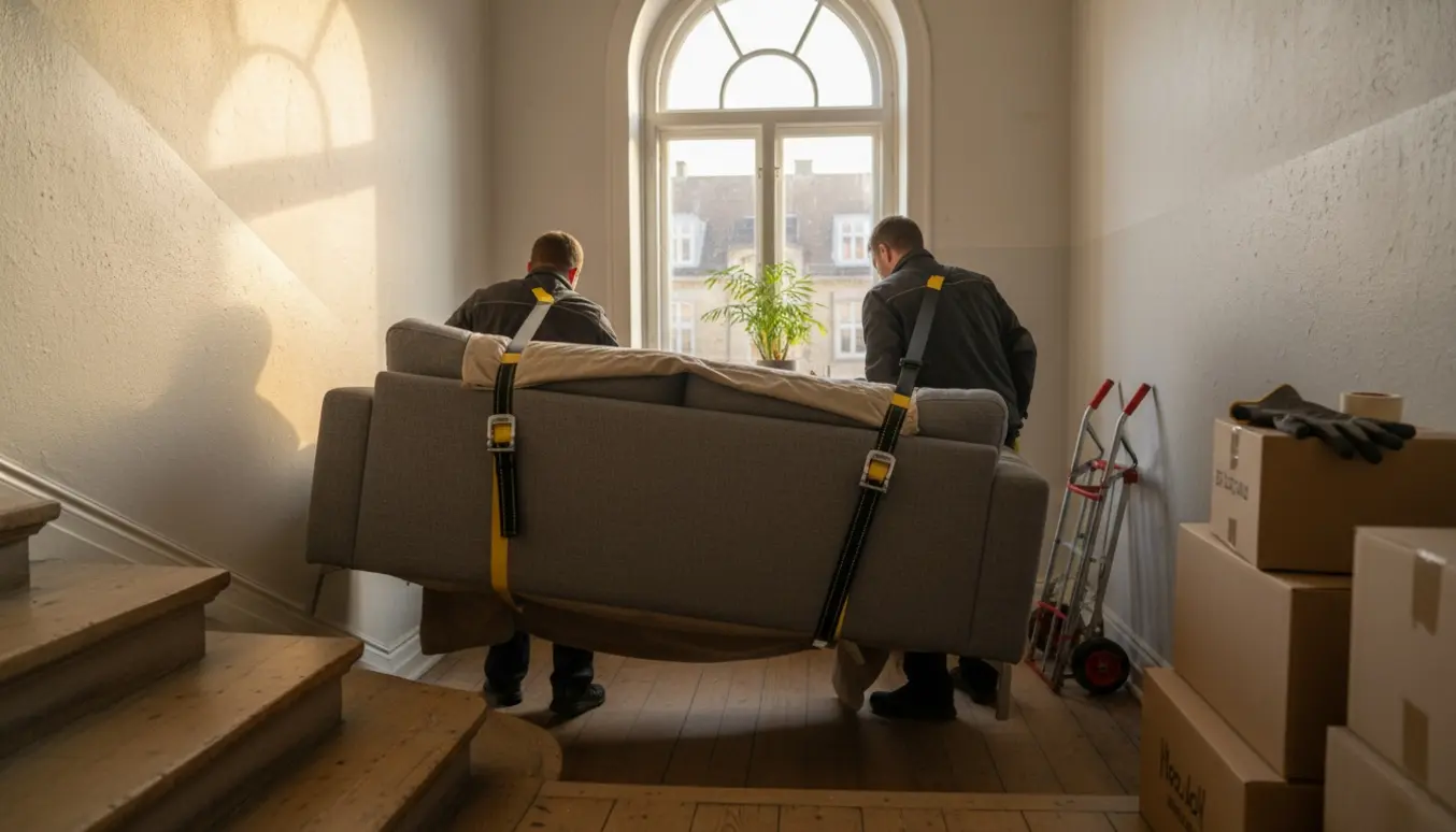 To flyttemænd bærer en stor sofa op ad en smal trappe i en lejlighed på Vesterbro.