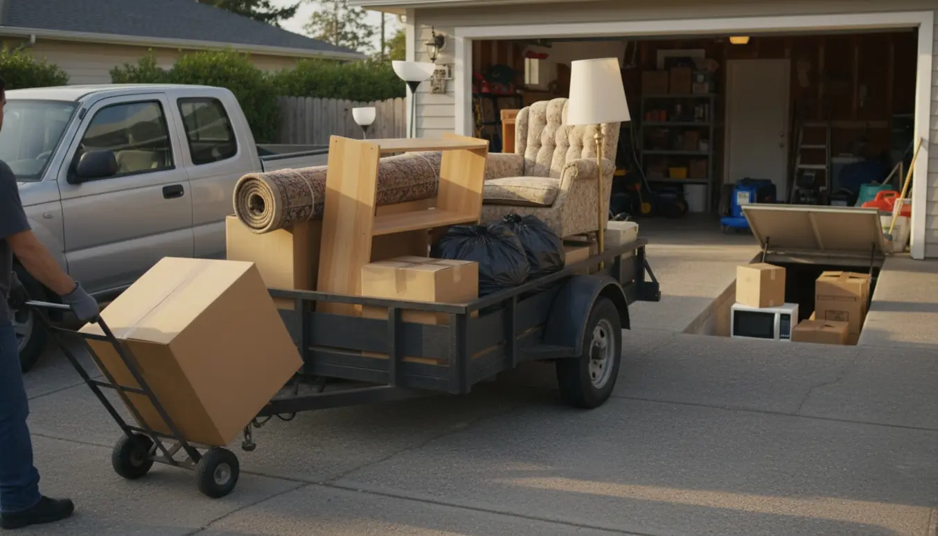 Anhængeren foran åben garage fyldt med møbler og kasser under oprydning og klar til affaldskørsel.