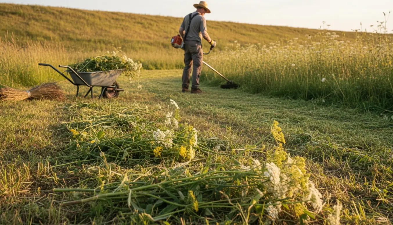 Person slår højt græs og ukrudt på en vold med buskrydder, hvor en stribe er nyklippet ved siden af et vildt bevokset område.