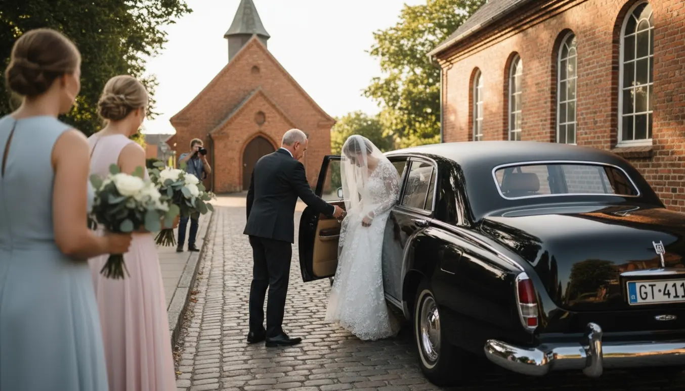Limousine parkeret ved en rødstenskirke i Kolding, brud træder ud med slør og brudepiger i eftermiddagssol.
