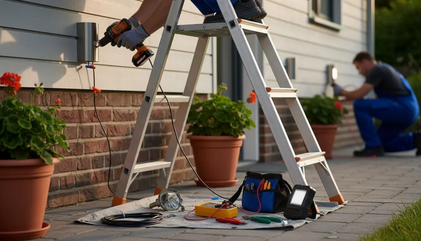 Hænder monterer en ny udendørslampe på husmuren med værktøj og en faldet lampe ved siden af.