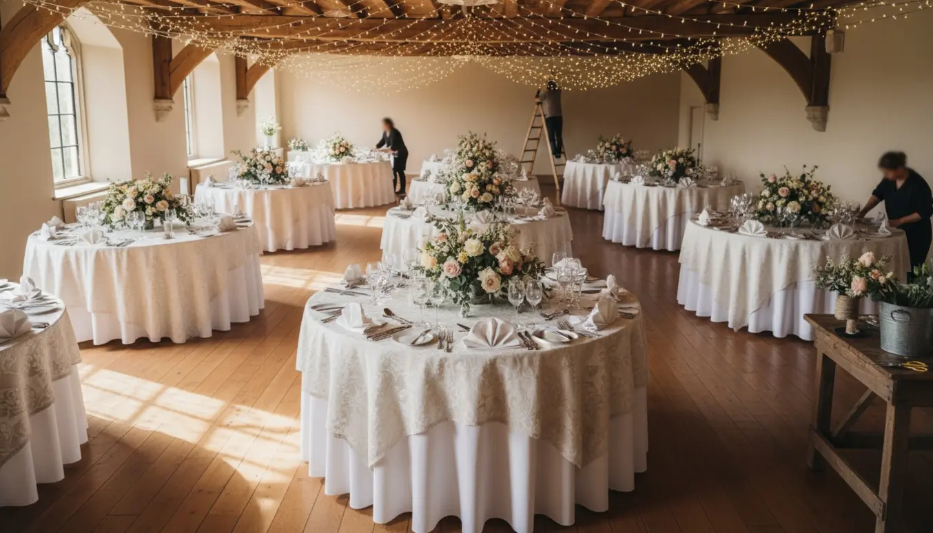 Opdækket selskabslokale på et gods med ti runde borde, lyskæder i loftet, blomster, duge og foldede servietter.