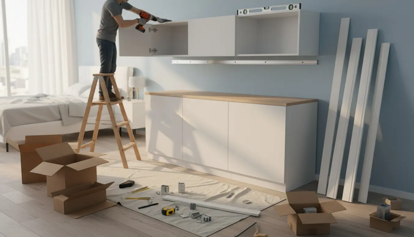 Tre gulvskabe og overskabe monteres i et soveværelse med værktøj og lister klar til montering.