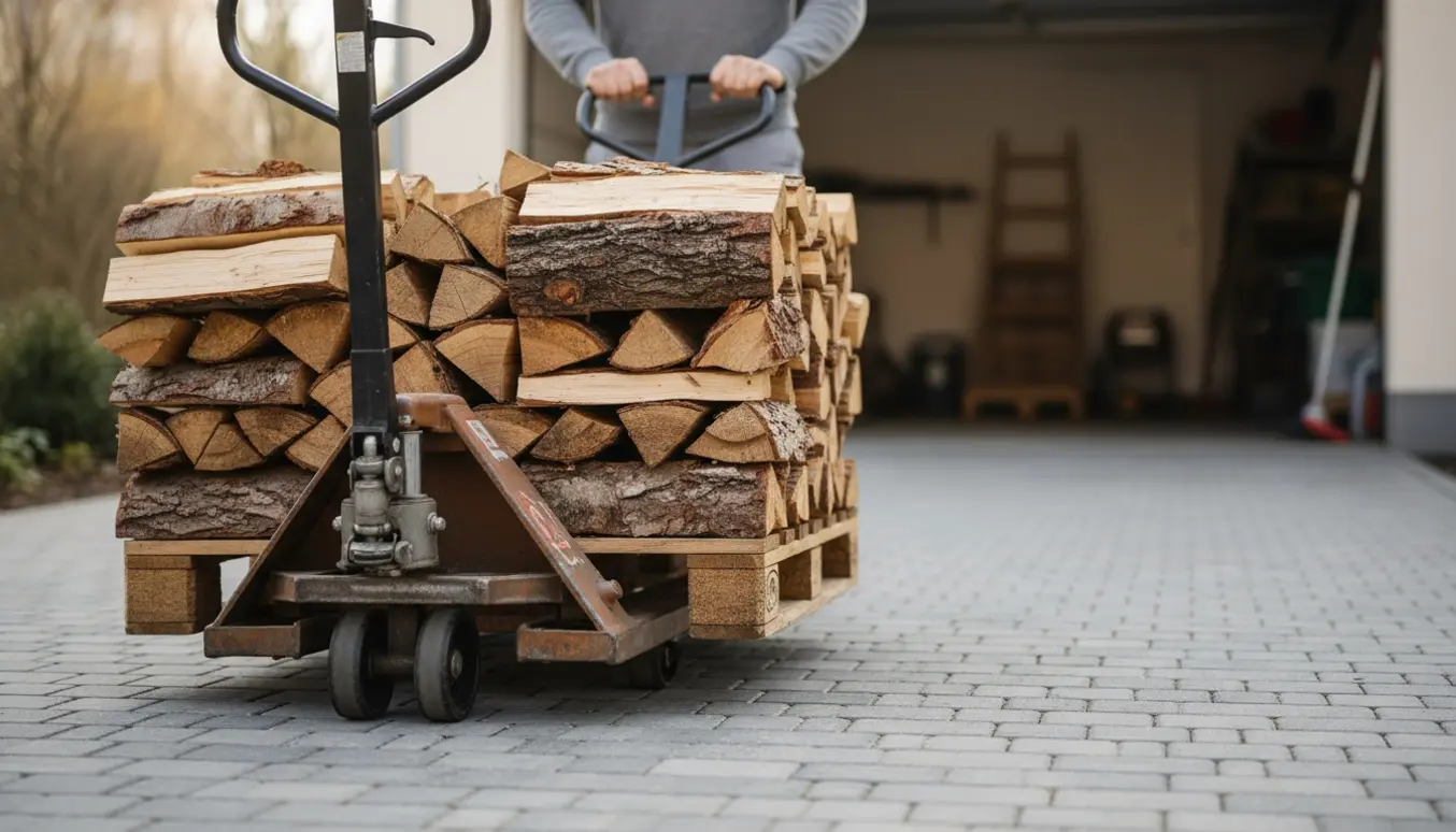 En person trækker en hel palle med brænde ind i en carport med en manuel palleløfter.