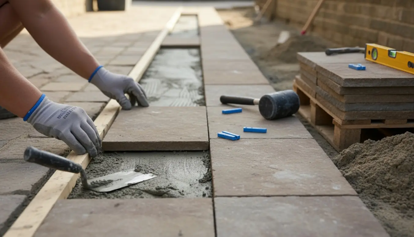 Nærbillede af hænder, der lægger nye fliser på en smal udendørs gangsti med vaterpas og fliseklæb.
