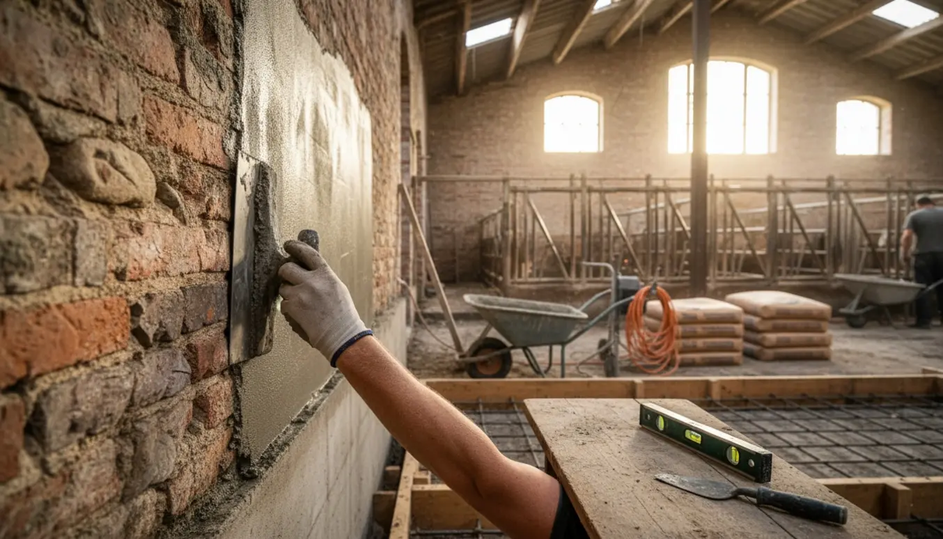 Hænder glatter frisk puds på en kostaldsvæg, mens sokkel repareres og gulvet klargøres til støbning.