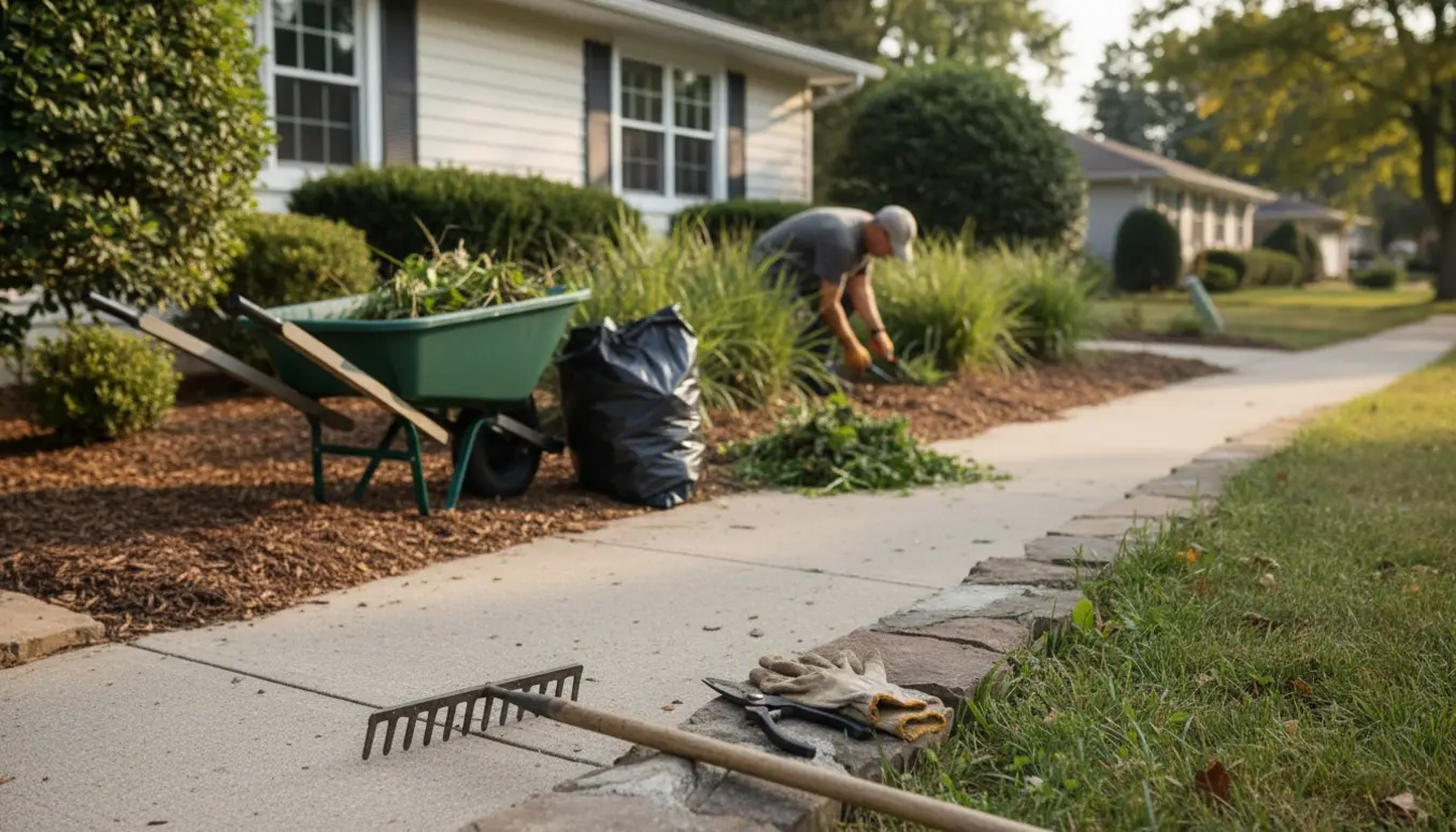Et ordnet forhavebed med haveværktøj og et ryddet fortov.