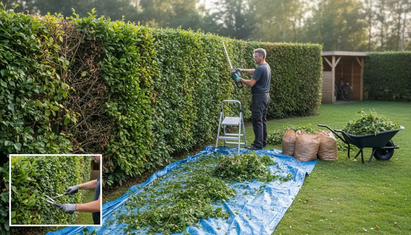 Nærfoto af en netop klippet bøgehæk med eføj, haveredskaber og opsamlet haveaffald ved et cykelskur.