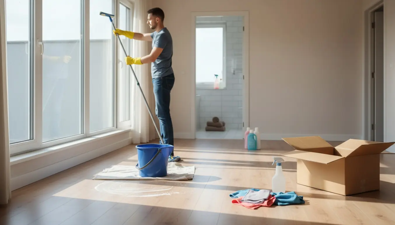 En person pudser et vindue i et næsten tomt hus efter flytning med rengøringsudstyr synligt.