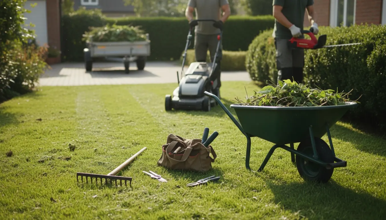 Havearbejder set bagfra med plæneklipper, hækklipper, håndværktøj og trailer fyldt med grønt affald i en solrig have.