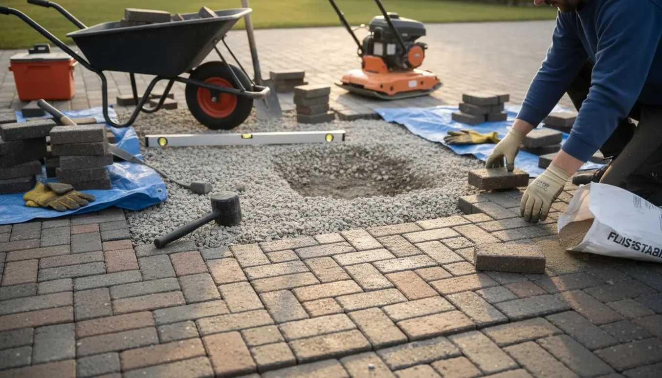 Omlægning af 6–8 m² herregårdssten i en indkørsel med værktøj og synligt stabilgrus.