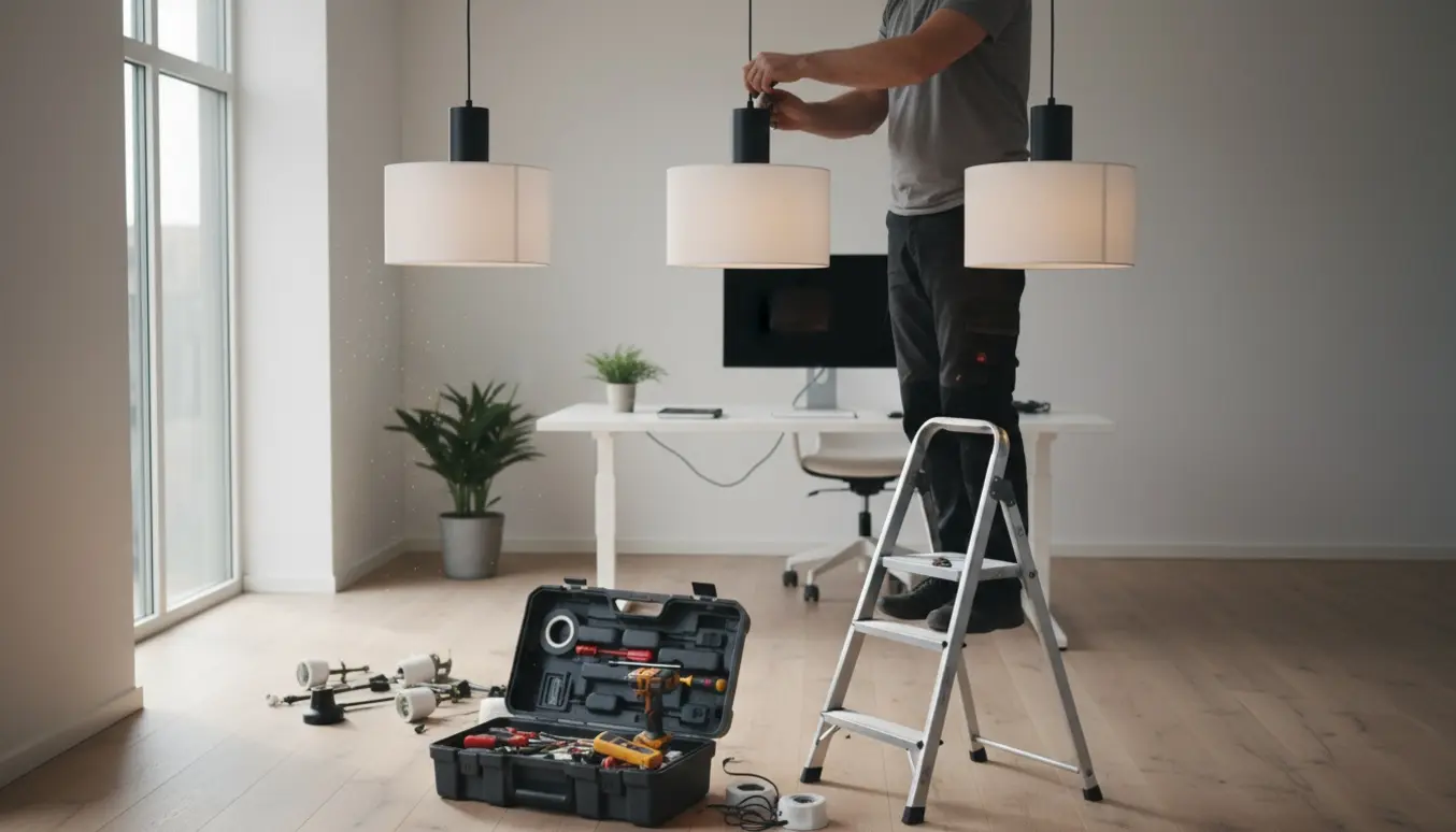 En person på en stige hænger en ny pendellampe i et lyst, minimalistisk kontor med værktøj og to allerede opsatte lamper.