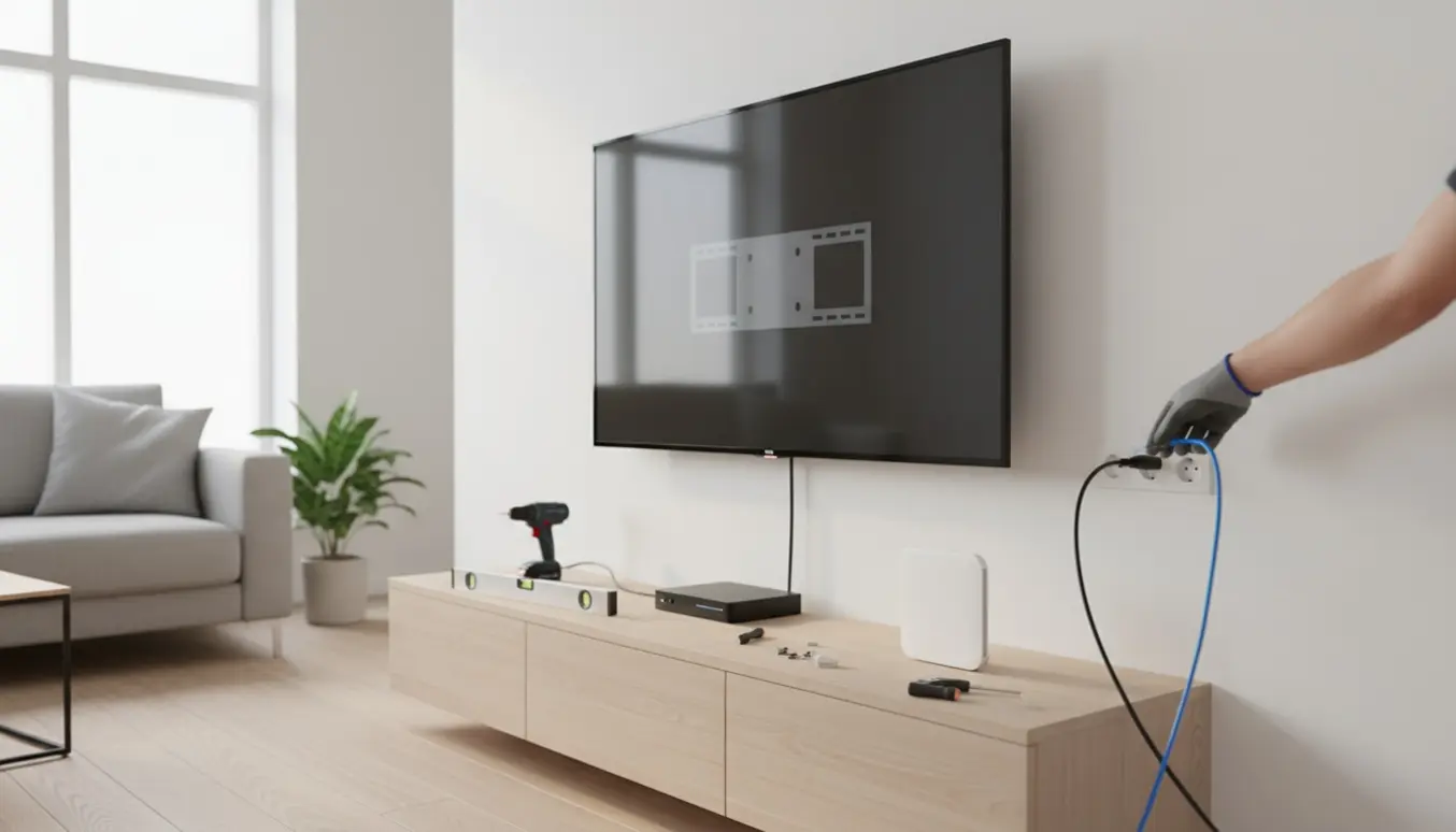 Ny fladskærm monteret på væg med kabler og en set-top-boks tilsluttet en kabeludgang.