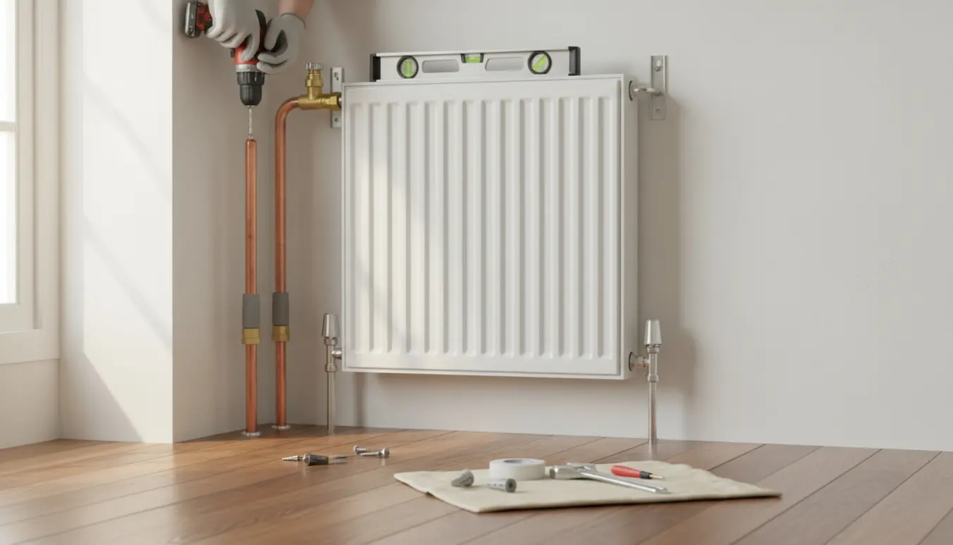 Montering af en hvid radiator på en gipsvæg med rørføring fra gulvet.