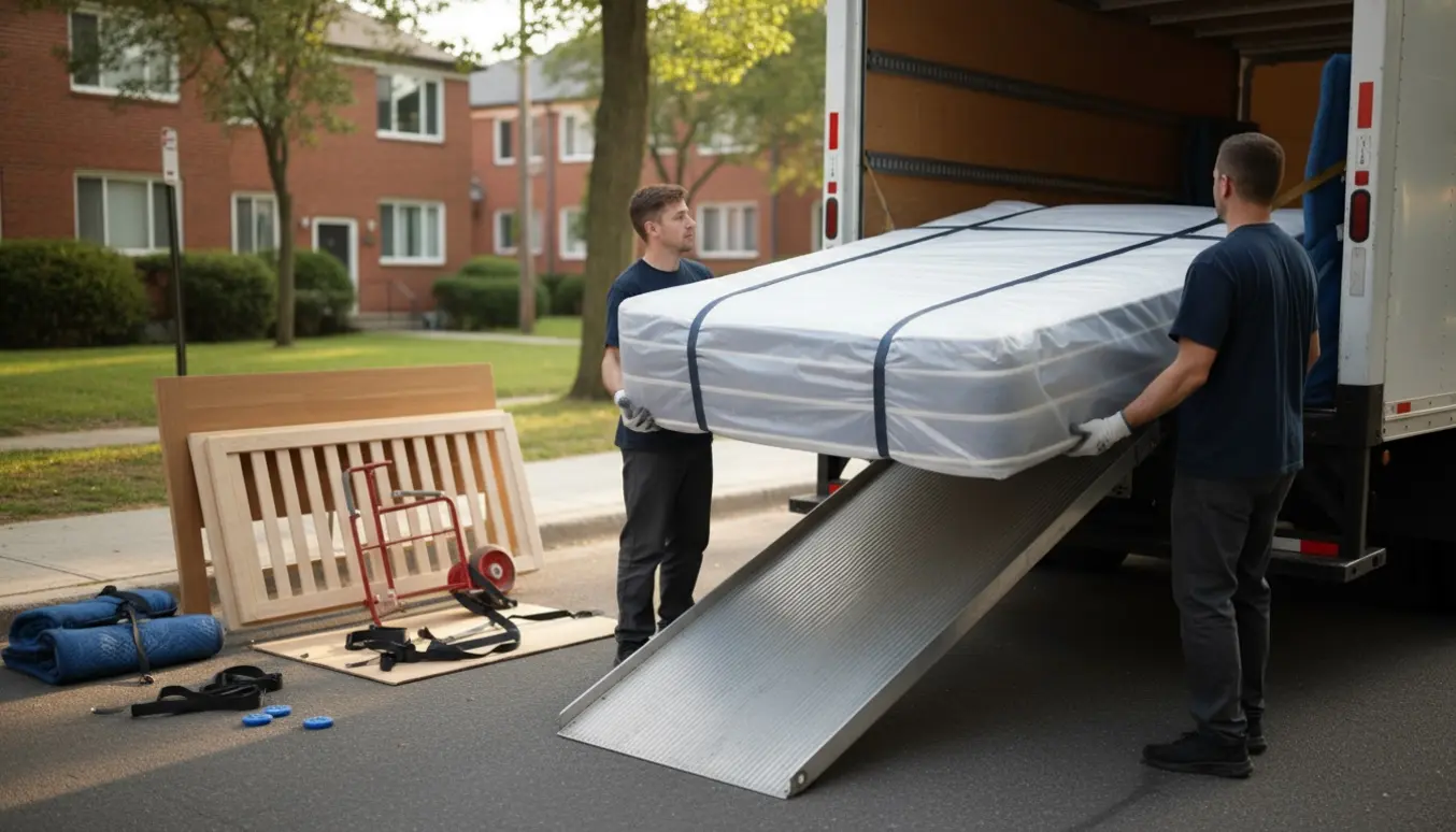 To flyttefolk læsser en pakket dobbeltmadras ind i en ubrandet flyttevogn på en stille villavej.