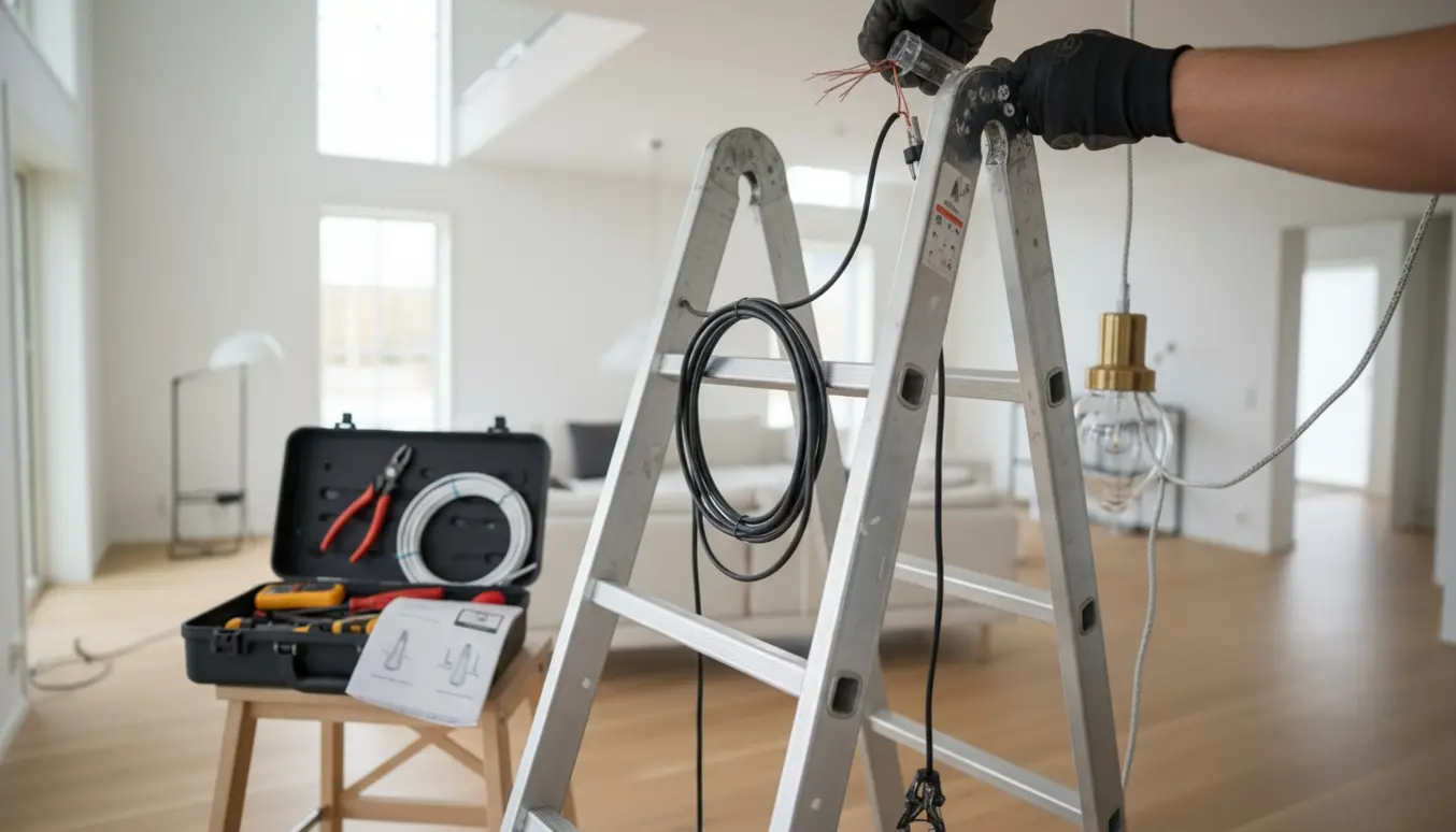 Hænder samler ledninger i en rosette under en høj loftslampe med stige og værktøj på gulvet.