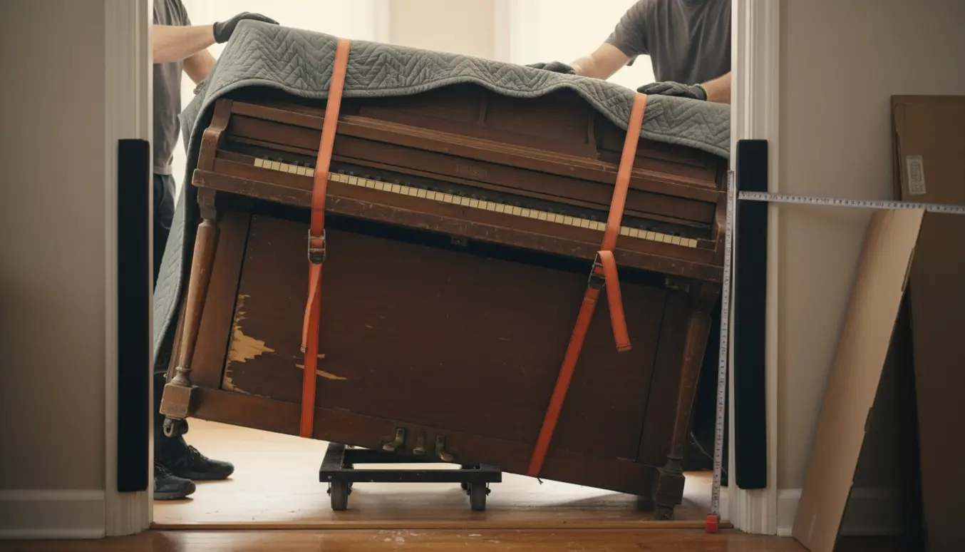 Et tungt gammelt opretstående klaver på vej ud gennem en smal dør, pakket i flyttetæpper og fastgjort med stropper.