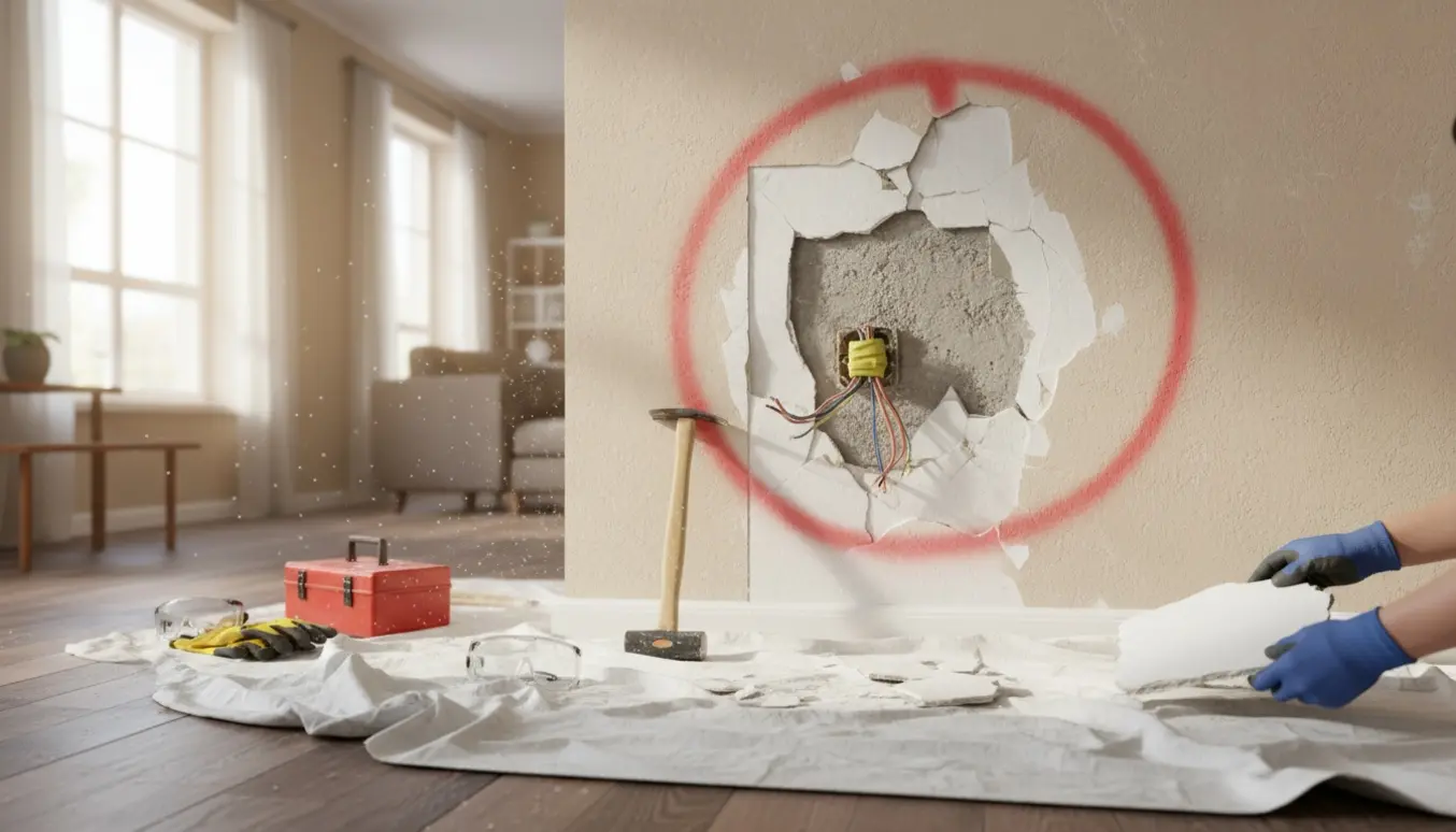 Delvist nedrevet ikke-bærende væg i stueetagen med eksponeret gips og beton, rød markering og værktøj i forgrunden.