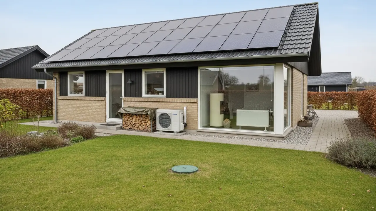 Billede af hus med solceller, varmepumpe ved husets side, brænde og radiator synlig gennem vindue.