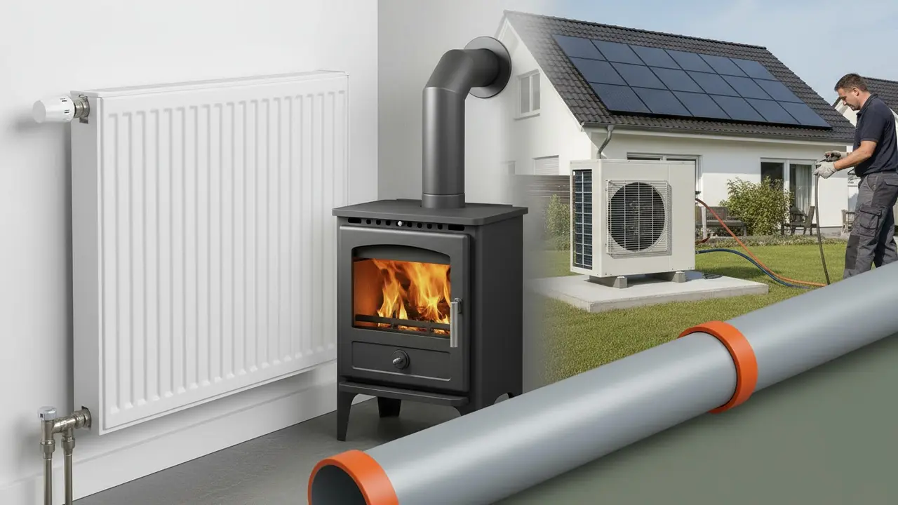 Montage af radiator, brændeovn, varmepumpe, solpaneler og fjernvarmerør som eksempler på varmekilder.