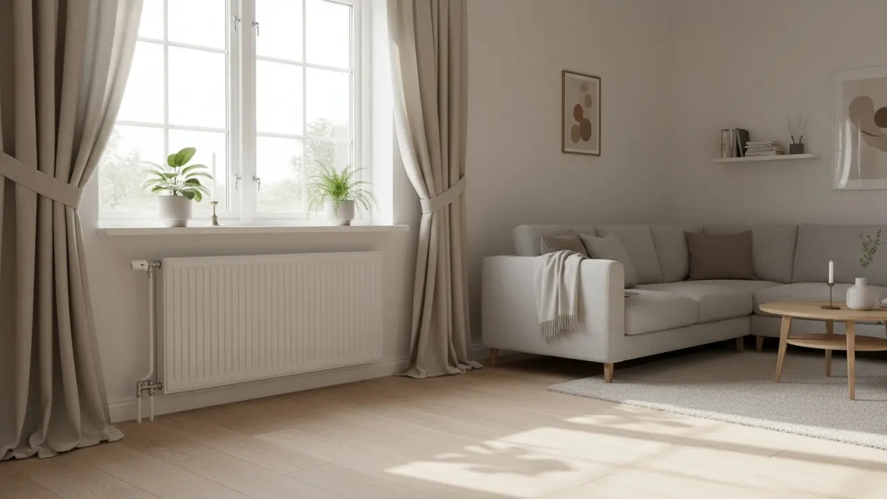 Stue med radiator korrekt placeret under vindue, fri luftcirkulation og gardiner trukket til side.