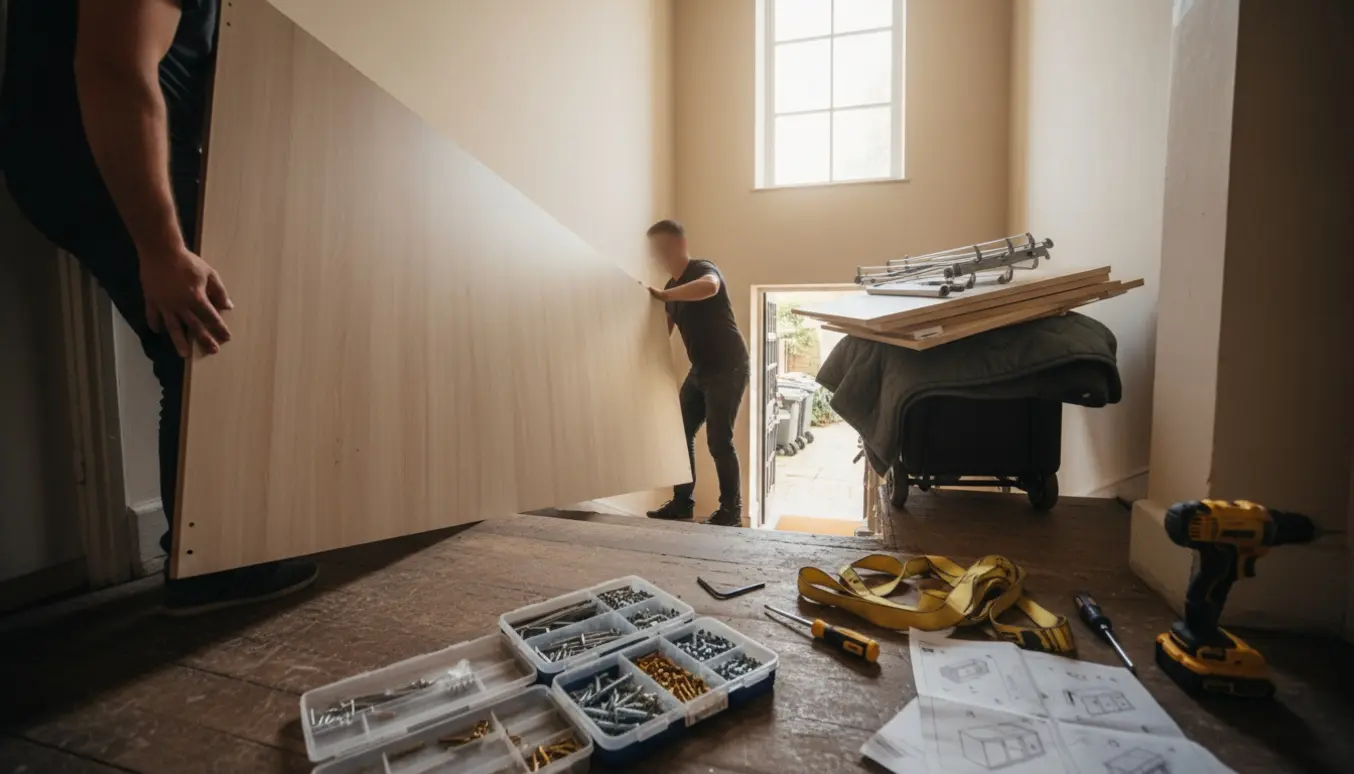 To personer bærer afmonterede garderobepaneler ned ad en trappe mod storskraldsområdet i gården.