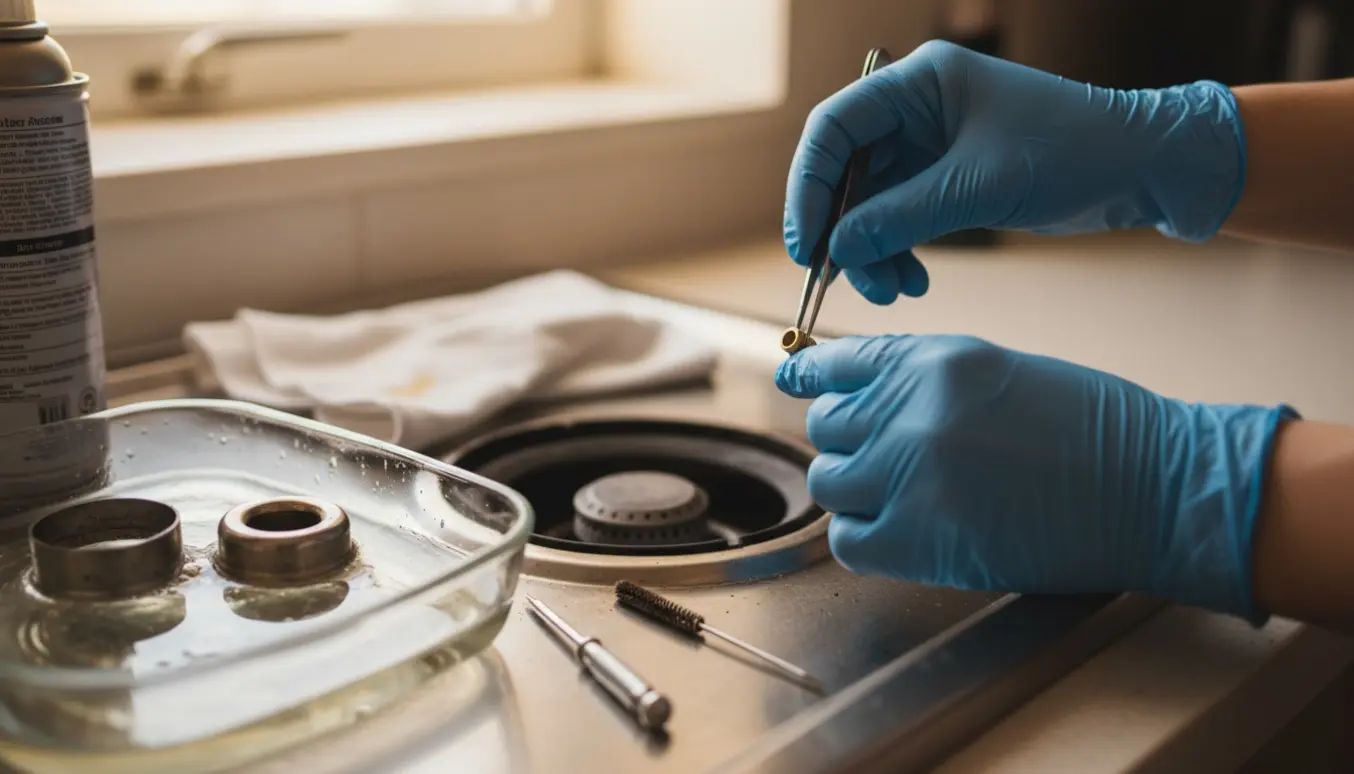 Nærbillede af hænder, der renser og inspicerer dyser på et ældre gaskomfur i et lyst køkken.