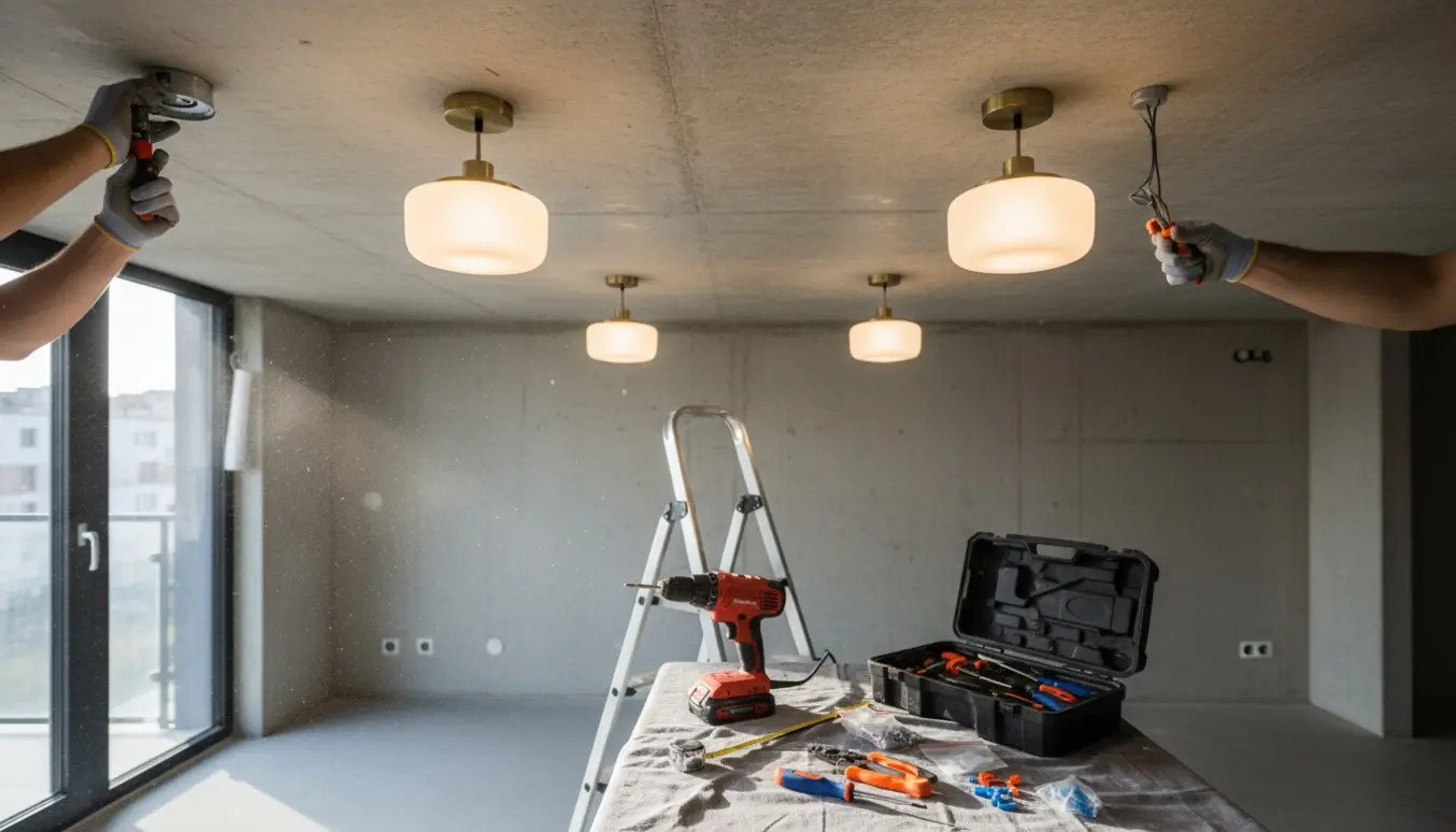 Elektriker monterer fire loftlamper på et råt betonloft med værktøj og stige i forgrunden.