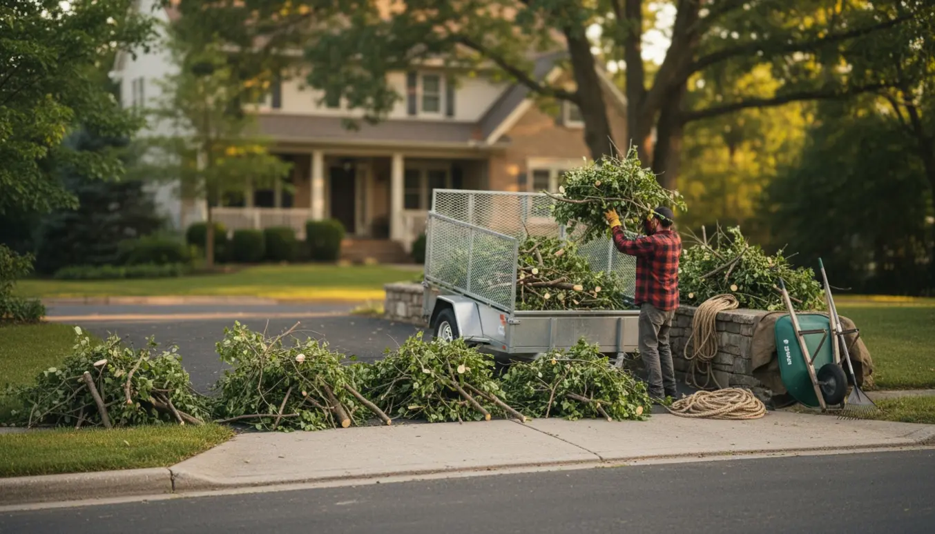 Gittertrailer på indkørsel læsset med store bunker afklippede grene og blade, klar til bortskaffelse.