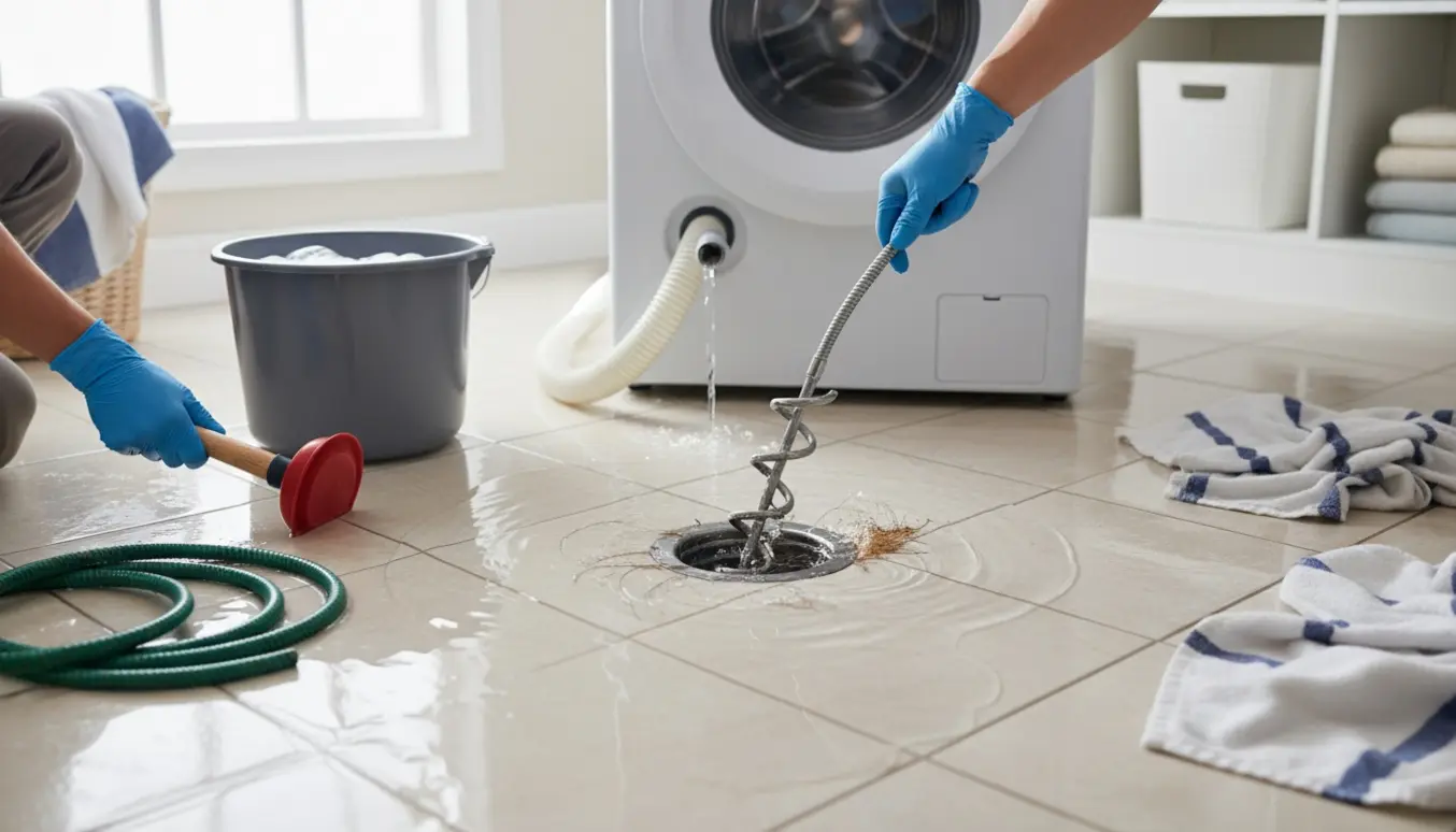 Vaskerum med oversvømmet gulv fra et stoppet afløb, hands-on afløbsrenser og værktøj i forgrunden.