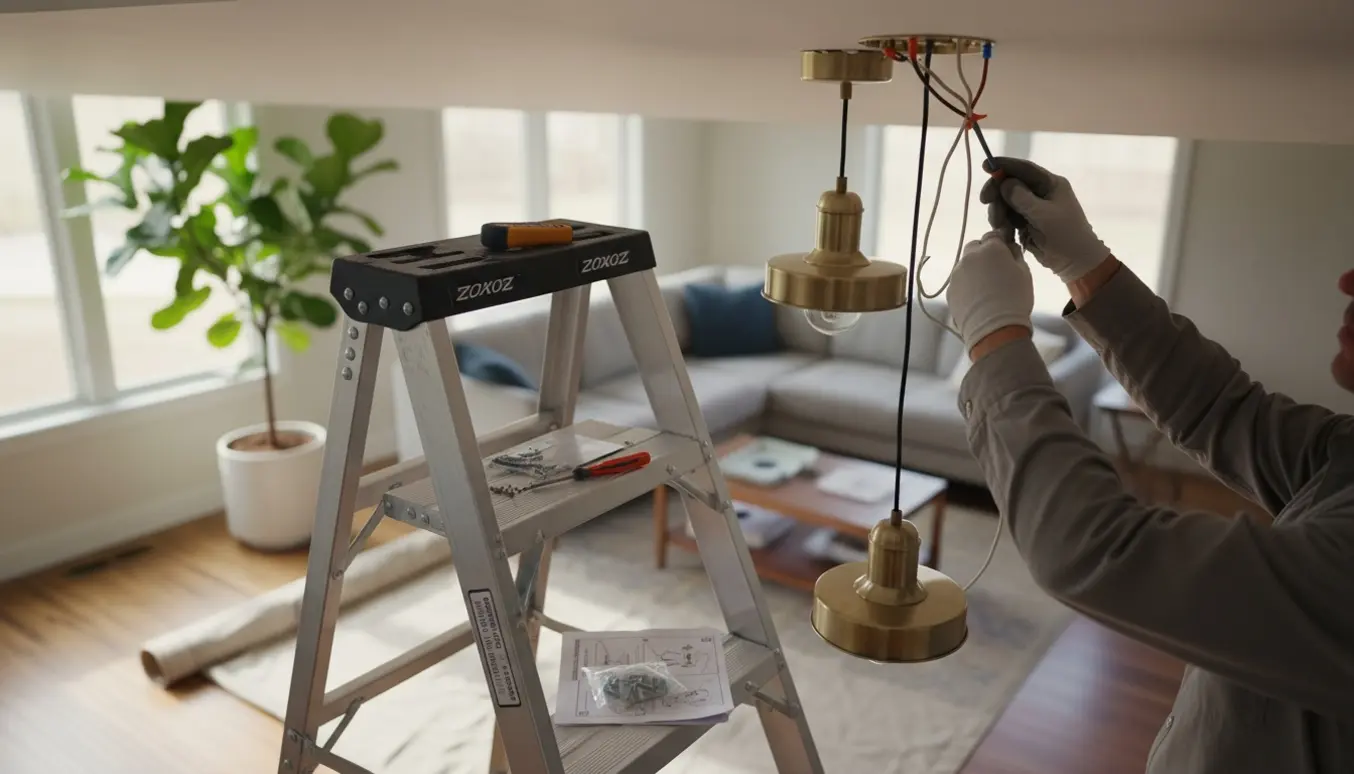 Hænder på en stige monterer to pendellamper i et loft med værktøj og afdækningsdug.