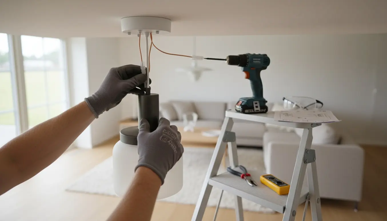 Nærbillede af hænder på en stige, der monterer en loftlampe i et lyst, moderne rum.