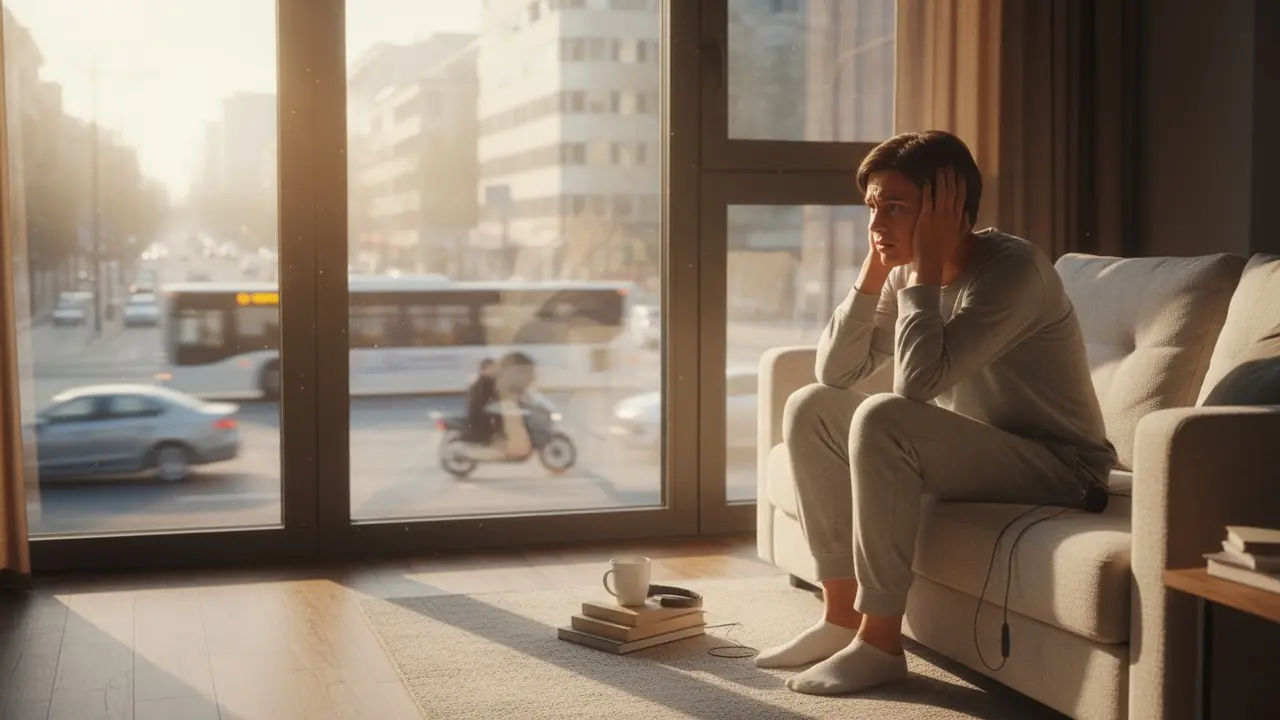 Person i lejlighed ved vindue, urolig over trafikstøj udenfor.