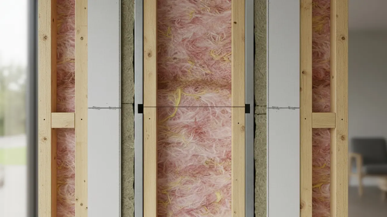 Tværsnit af væg med to gipslag og mineraluldsisolering imellem.