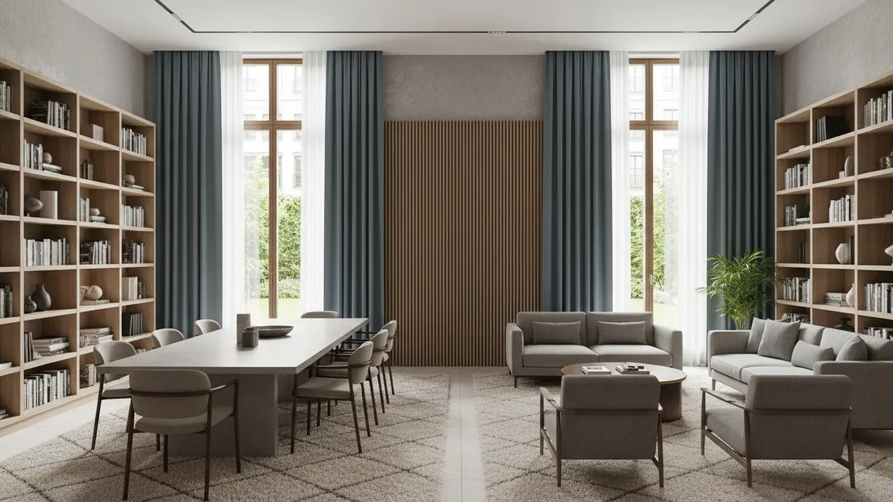 Moderne rum med akustikpaneler og bløde tekstiler, der viser god akustik.